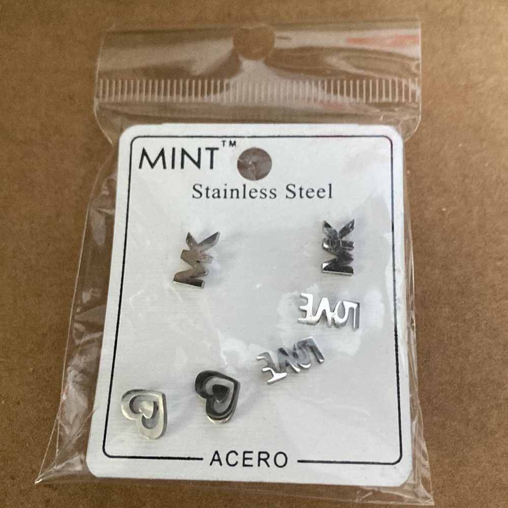 HP Brand NWT 3 Pair Stainless Steel Post Back Earring Sets - MK, LOVE & 💗